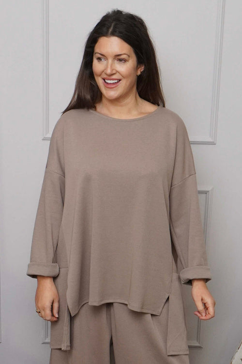 Charla Dipped Hem Cotton Top Mocha - Image 1