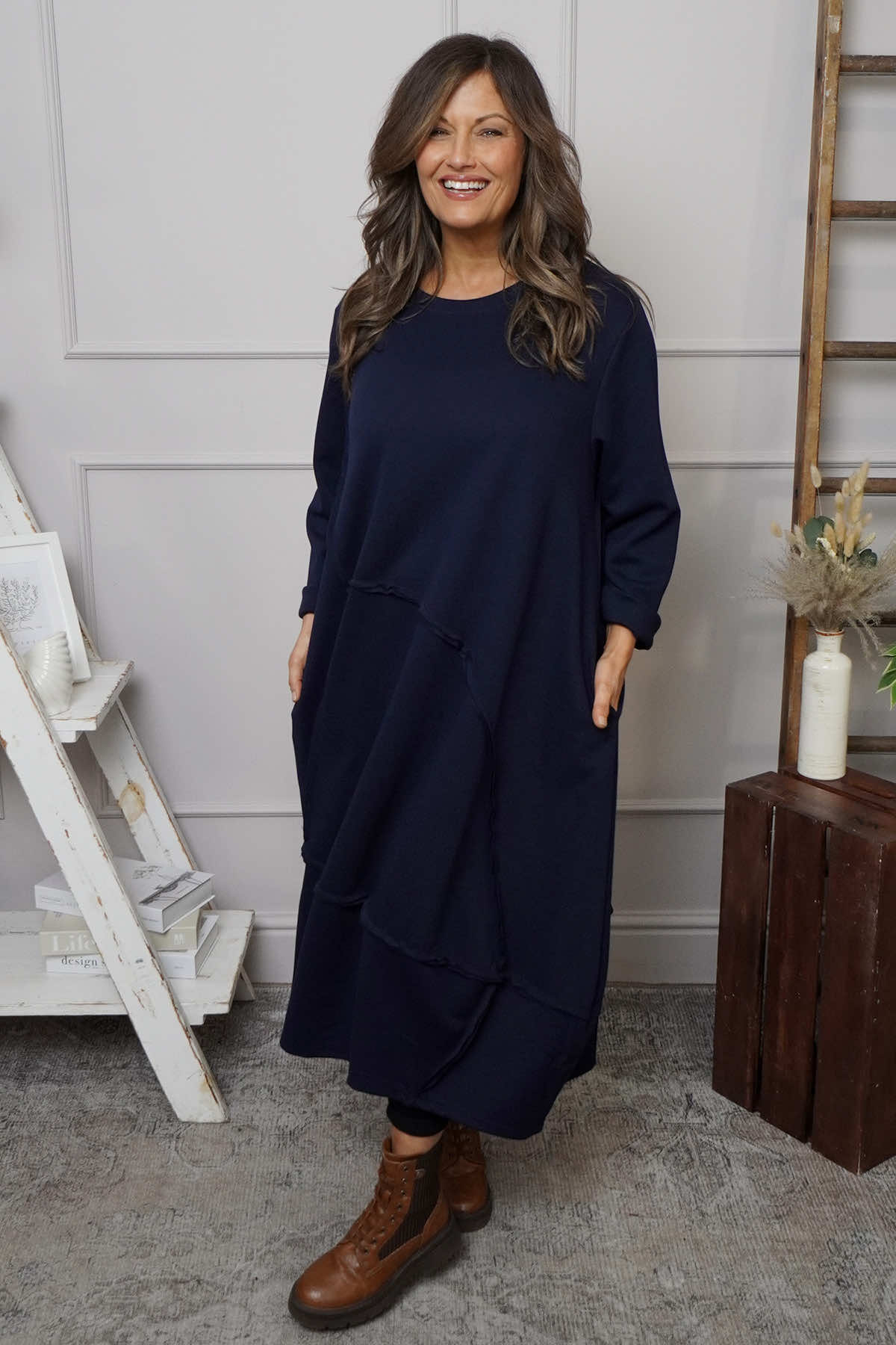 Edie Seam Detail Cotton Dress Navy