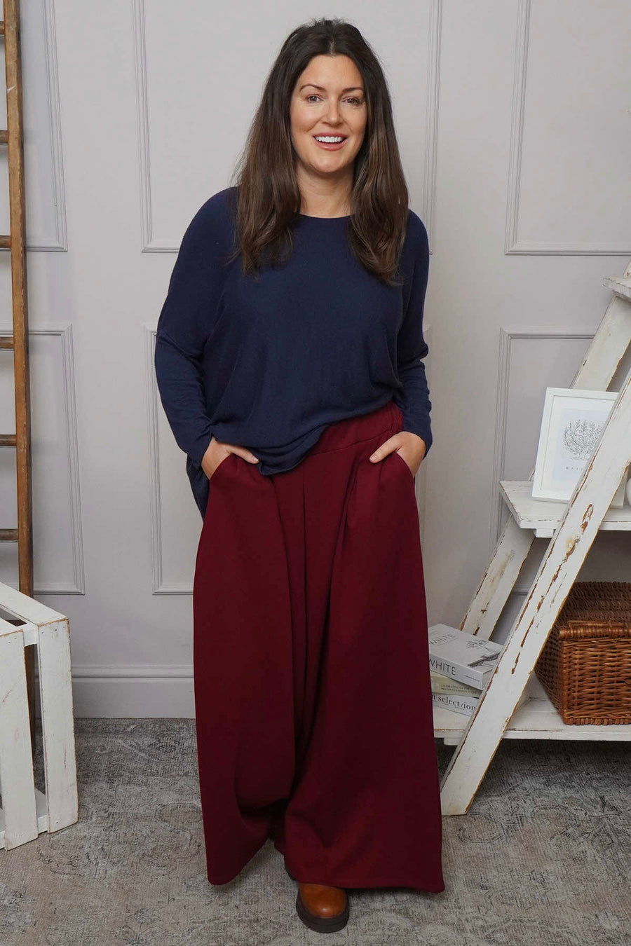 Trish Wide Leg Cotton Trousers Wine