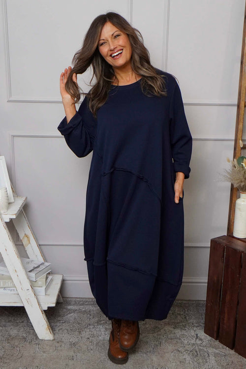 Edie Seam Detail Cotton Dress Navy - Image 1