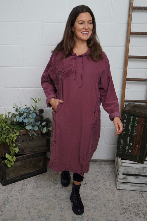 Devyn Hooded Needlecord Dress Plum - Image 1