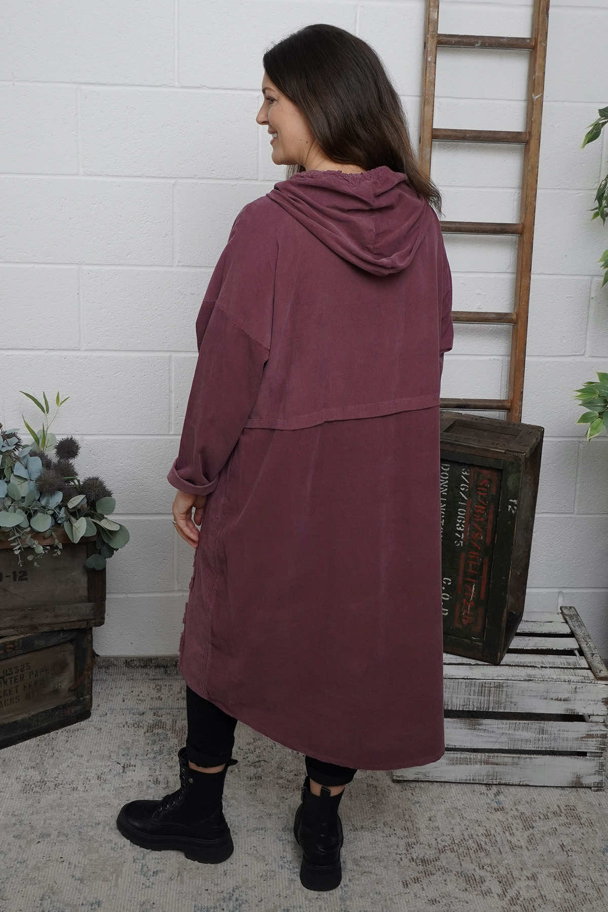 Devyn Hooded Needlecord Dress Plum