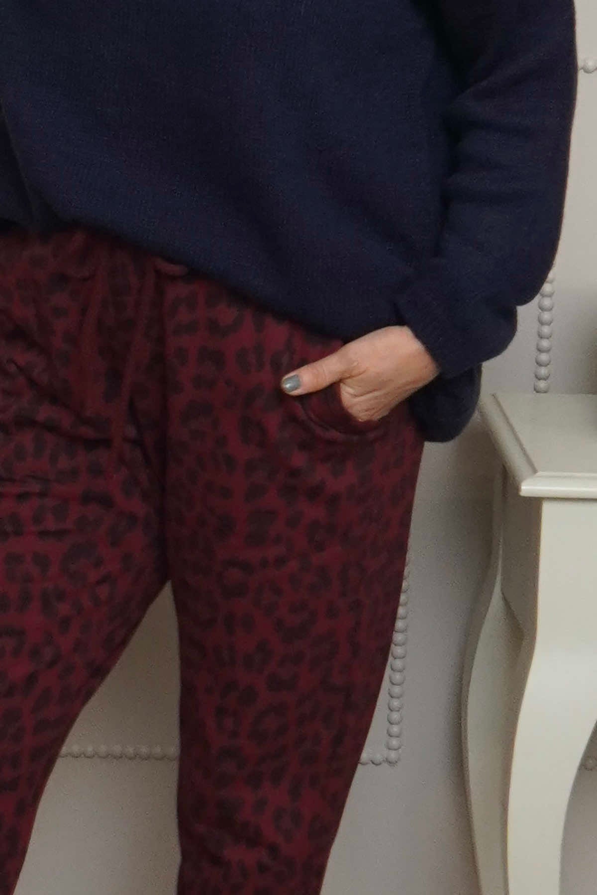 Effie Leopard Print Cotton Joggers Wine