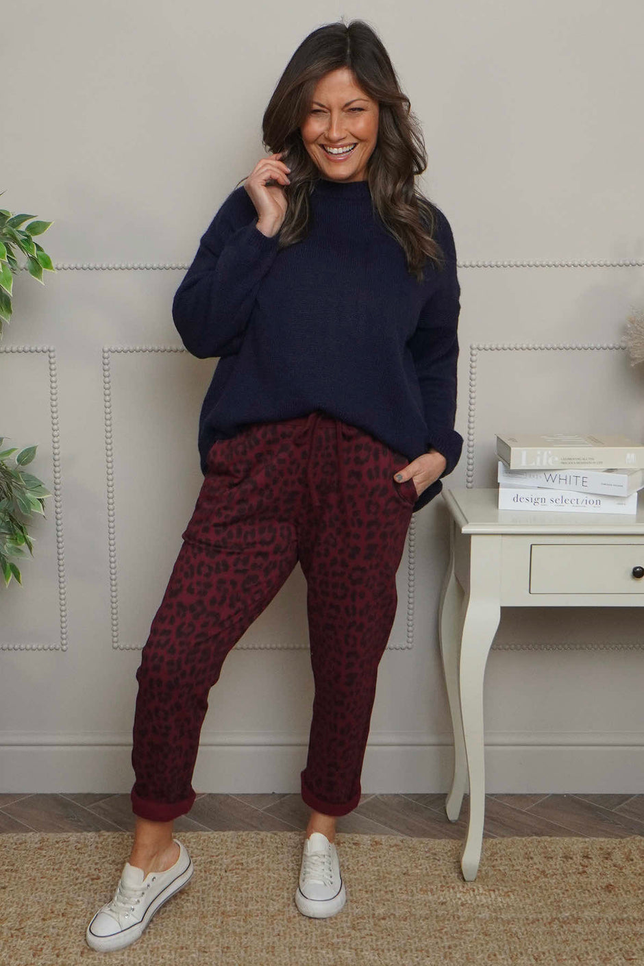 Effie Leopard Print Cotton Joggers Wine