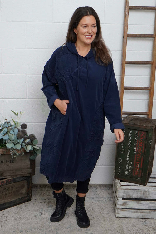 Devyn Hooded Needlecord Dress Navy - Image 2