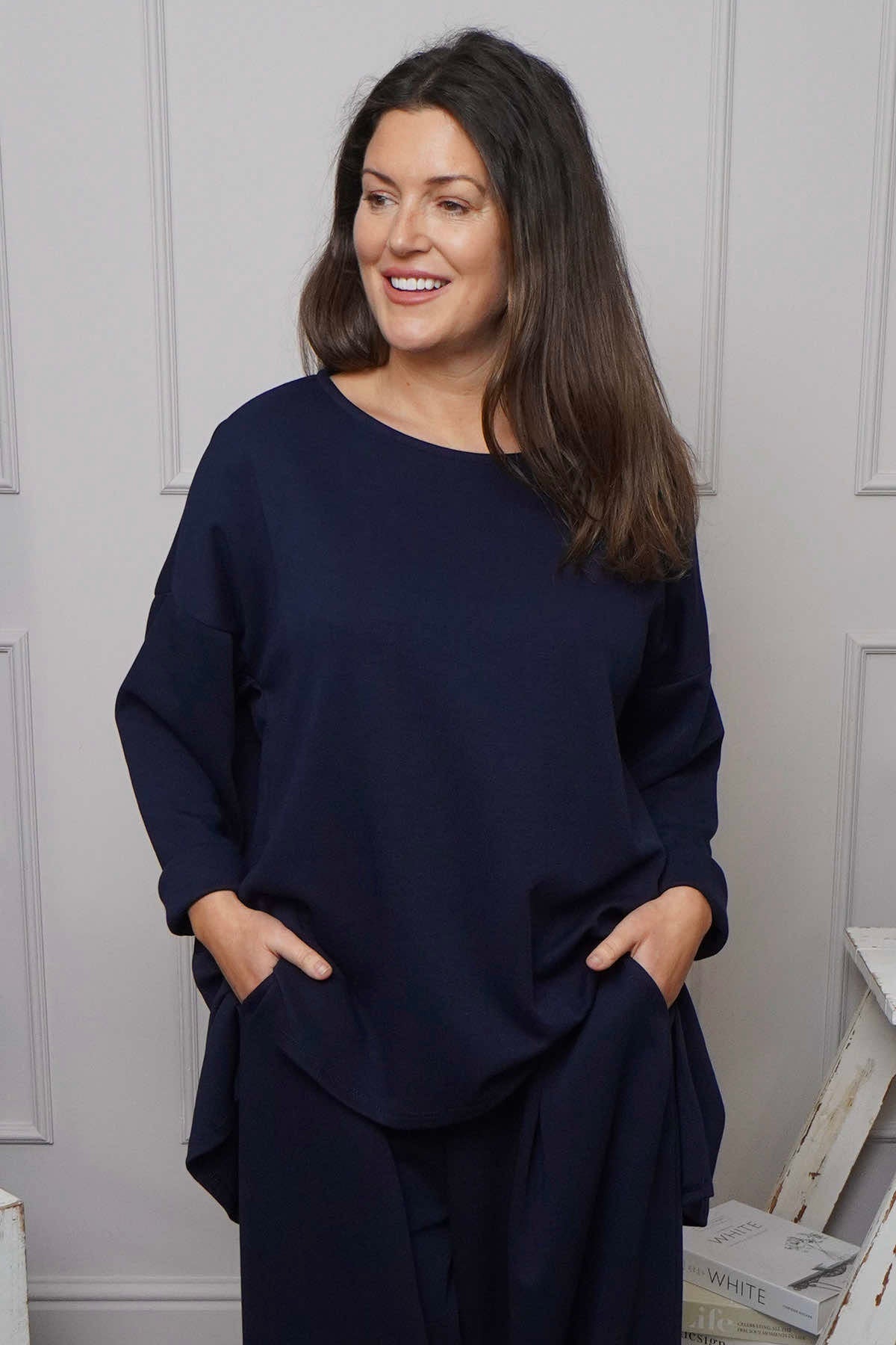 Charla Dipped Hem Cotton Top Navy