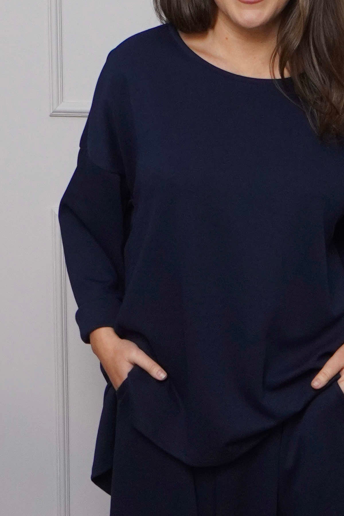 Charla Dipped Hem Cotton Top Navy