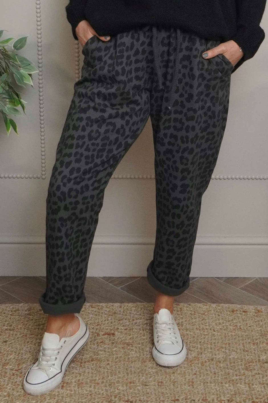 Effie Leopard Print Cotton Joggers Charcoal