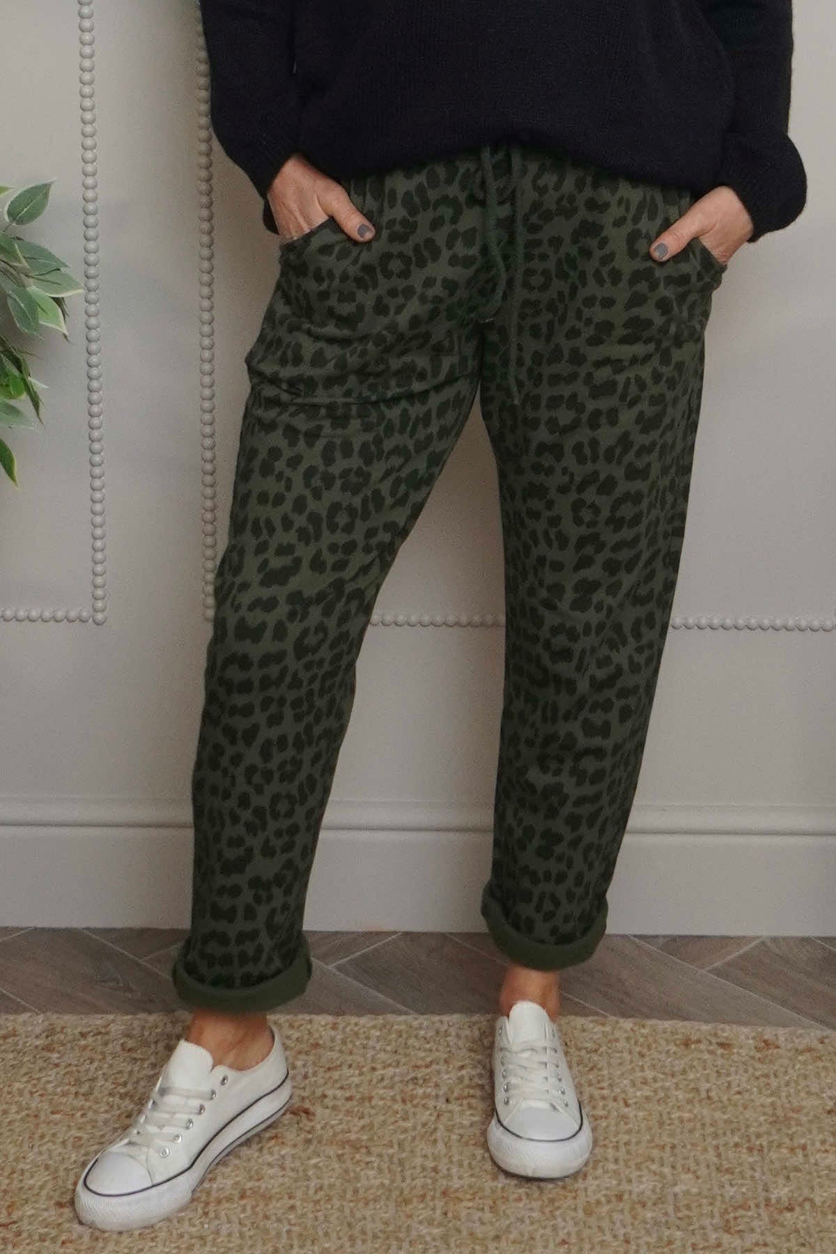 Effie Leopard Print Cotton Joggers Khaki