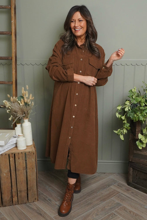 Dezi Needlecord Shirt Dress Nutmeg - Image 2