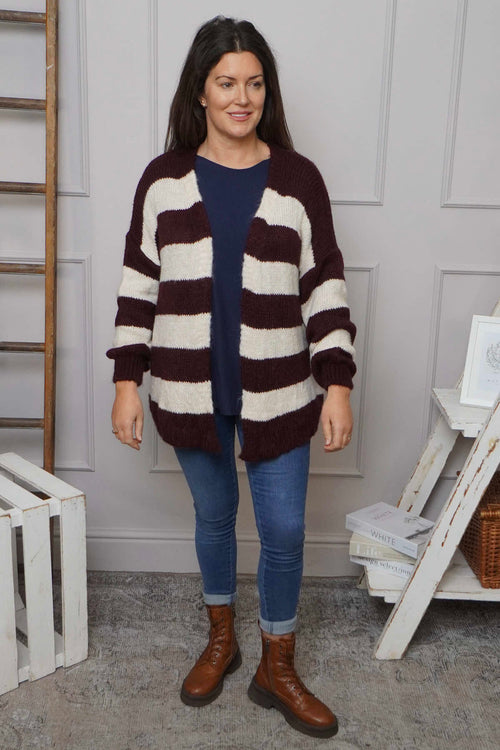 Kennedy Stripe Knitted Cardigan Wine - Image 1
