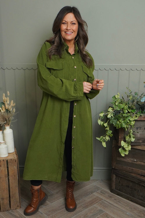 Dezi Needlecord Shirt Dress Olive - Image 1