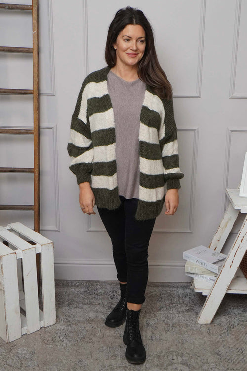 Kennedy Stripe Knitted Cardigan Khaki - Image 2