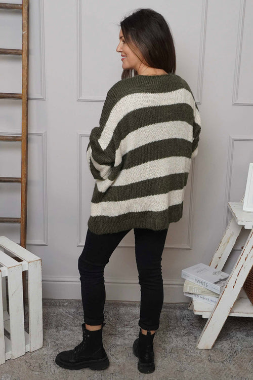 Kennedy Stripe Knitted Cardigan Khaki - Image 4