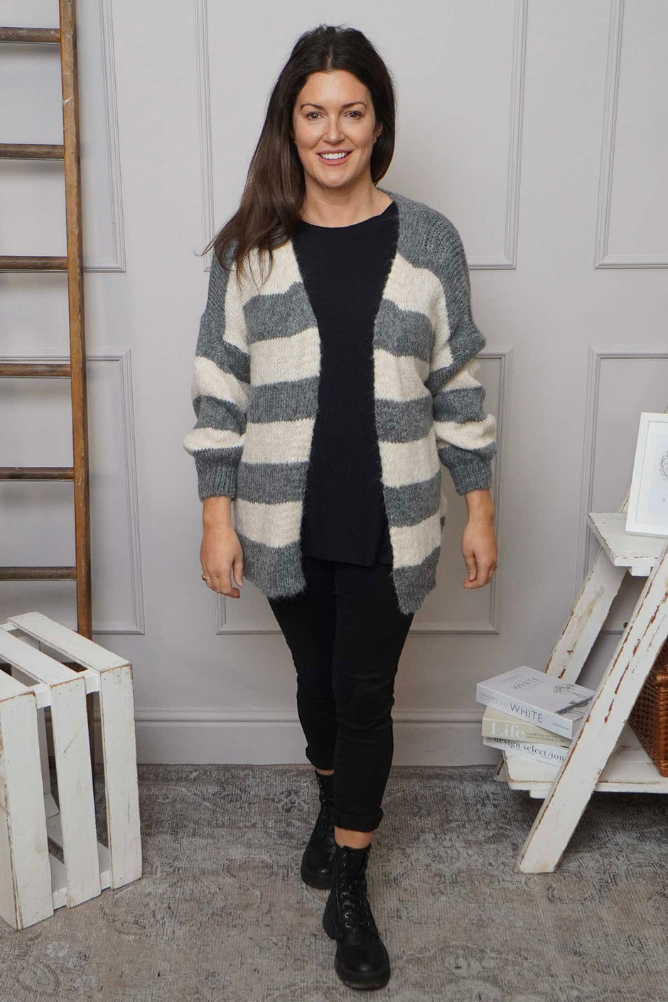 Kennedy Stripe Knitted Cardigan Mid Grey
