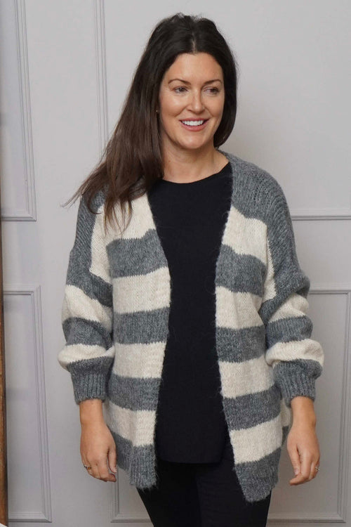 Kennedy Stripe Knitted Cardigan Mid Grey - Image 2