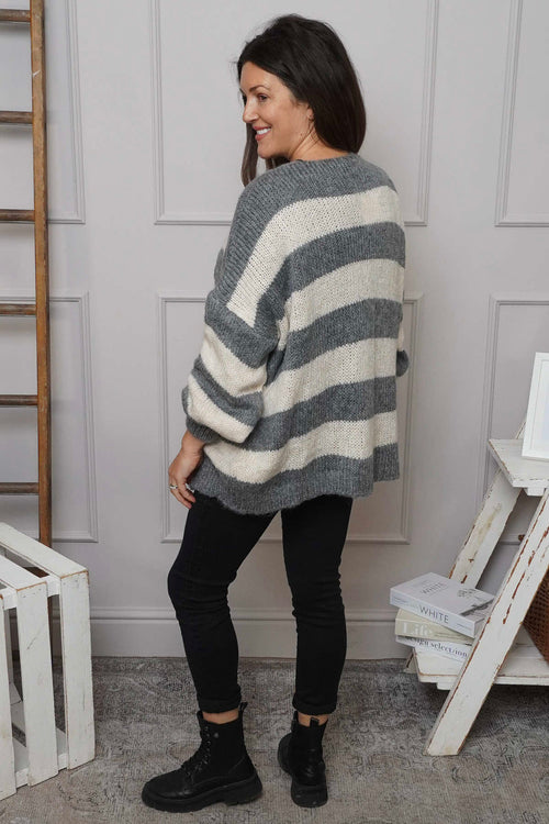 Kennedy Stripe Knitted Cardigan Mid Grey - Image 4
