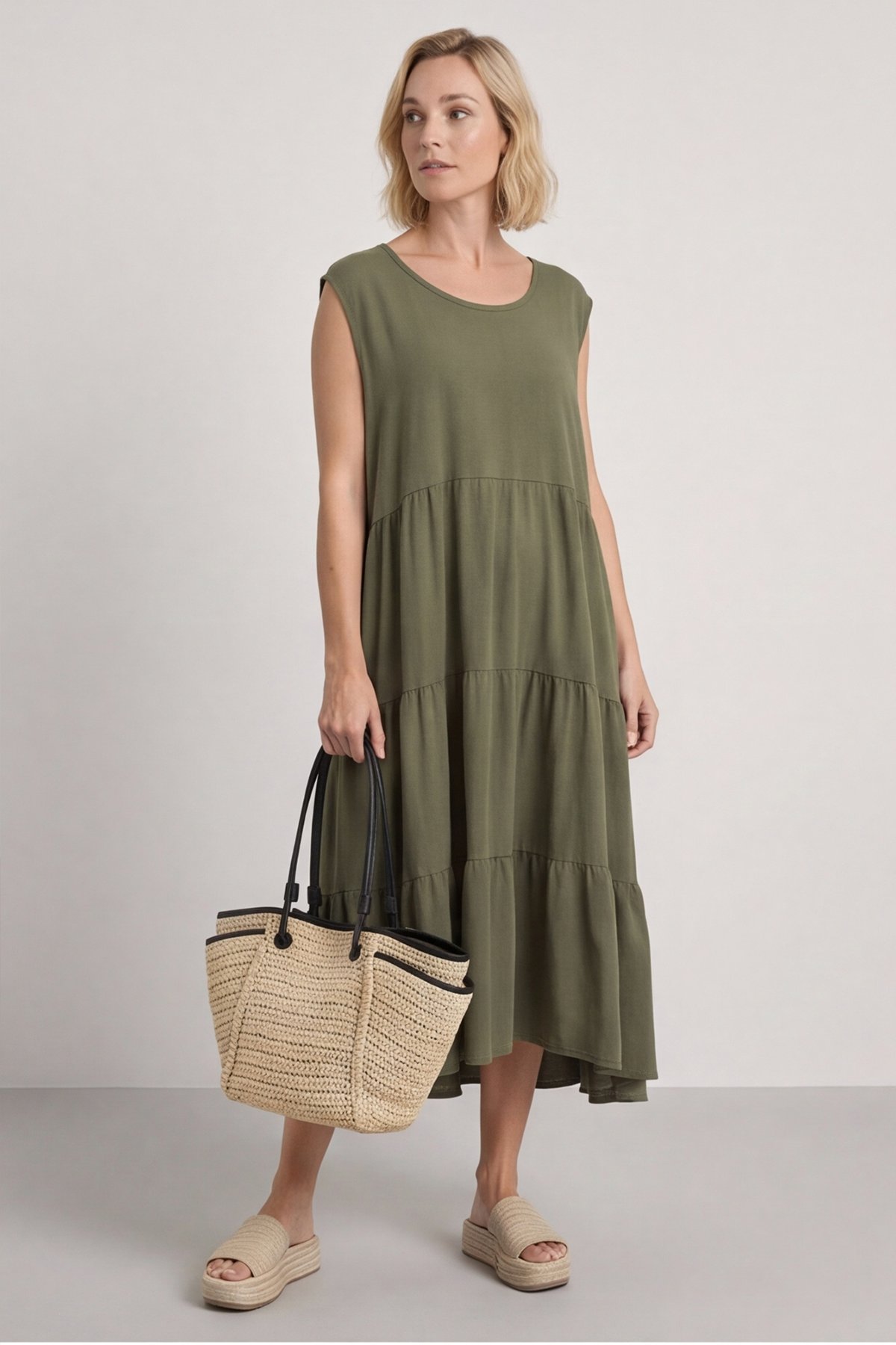 Demelza Sleeveless Tiered Cotton Dress Khaki