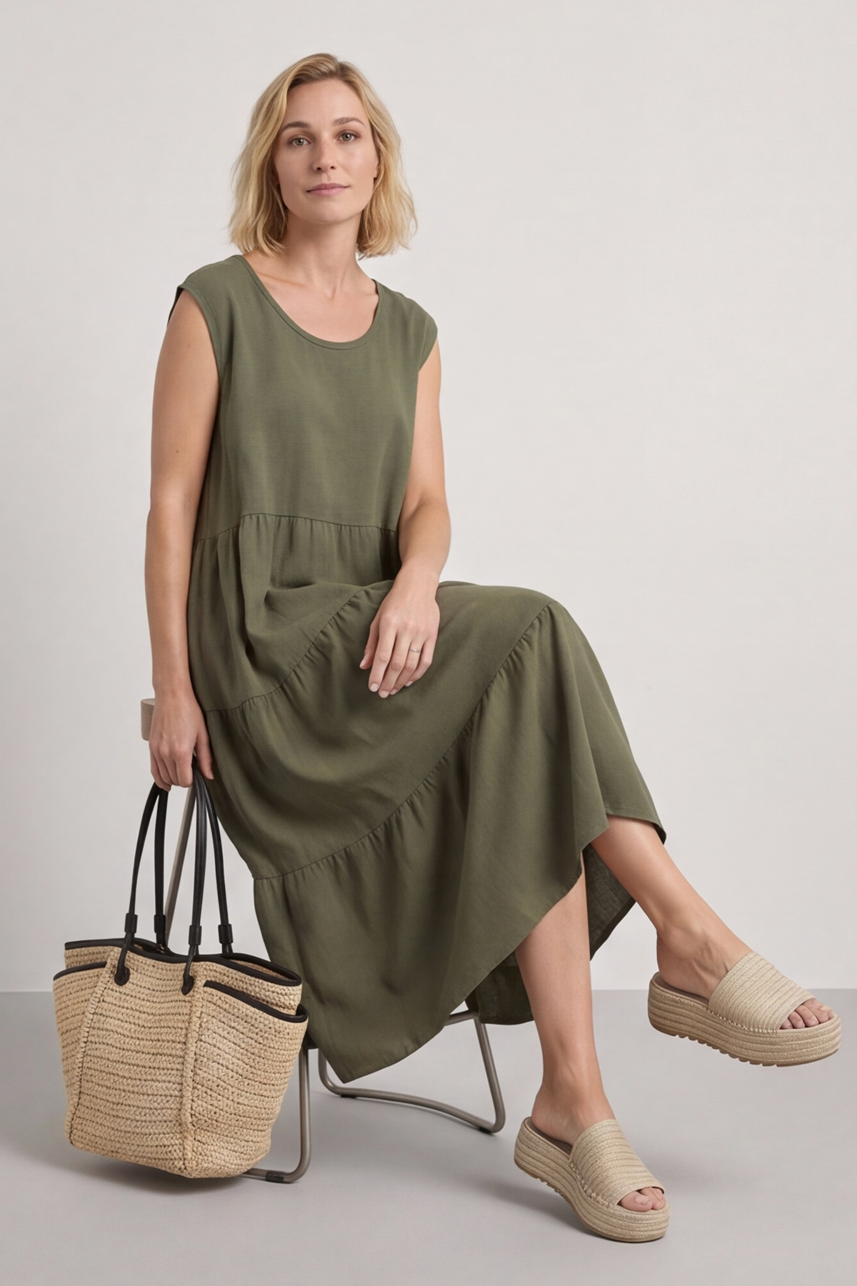 Demelza Sleeveless Tiered Cotton Dress Khaki