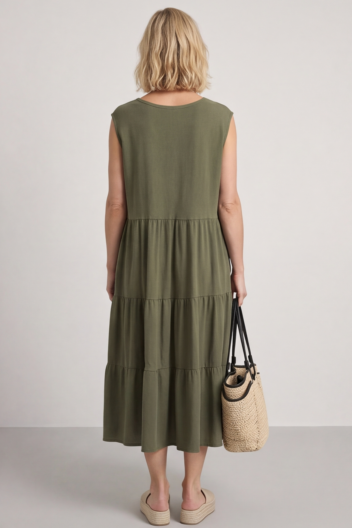 Demelza Sleeveless Tiered Cotton Dress Khaki