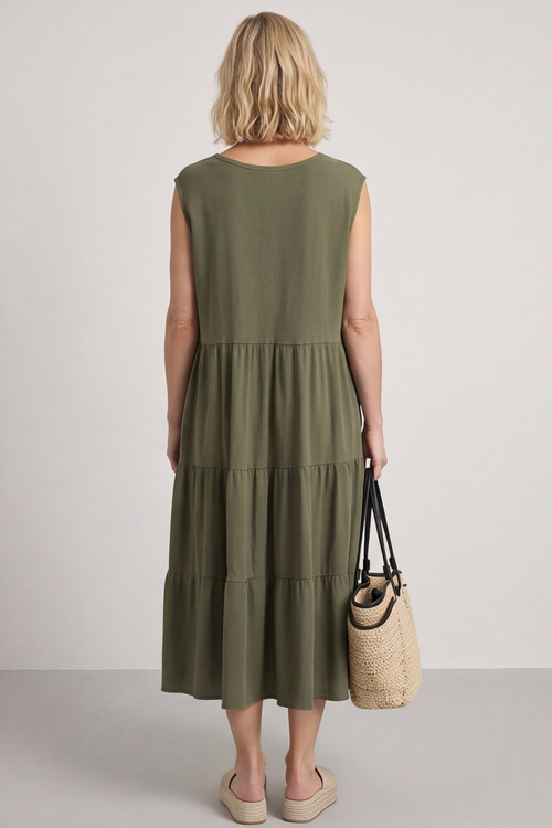 Demelza Sleeveless Tiered Cotton Dress Khaki - Image 5