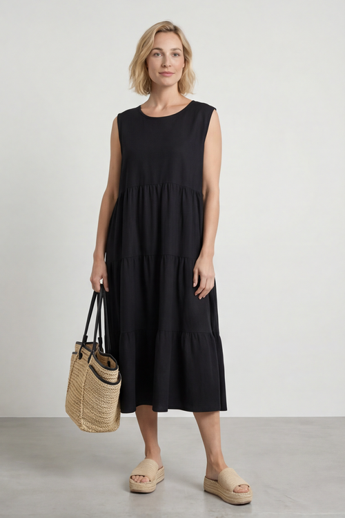 Demelza Sleeveless Tiered Cotton Dress Black - Image 2