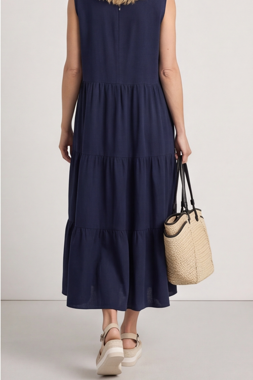 Demelza Sleeveless Tiered Cotton Dress Navy - Image 3
