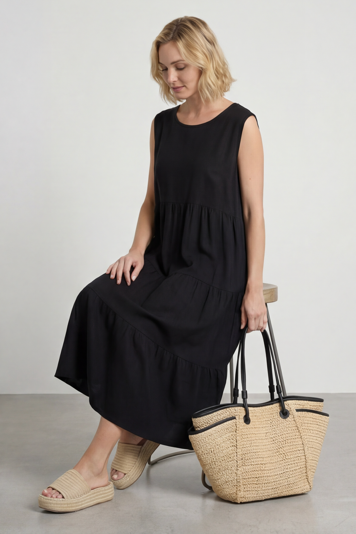 Demelza Sleeveless Tiered Cotton Dress Black