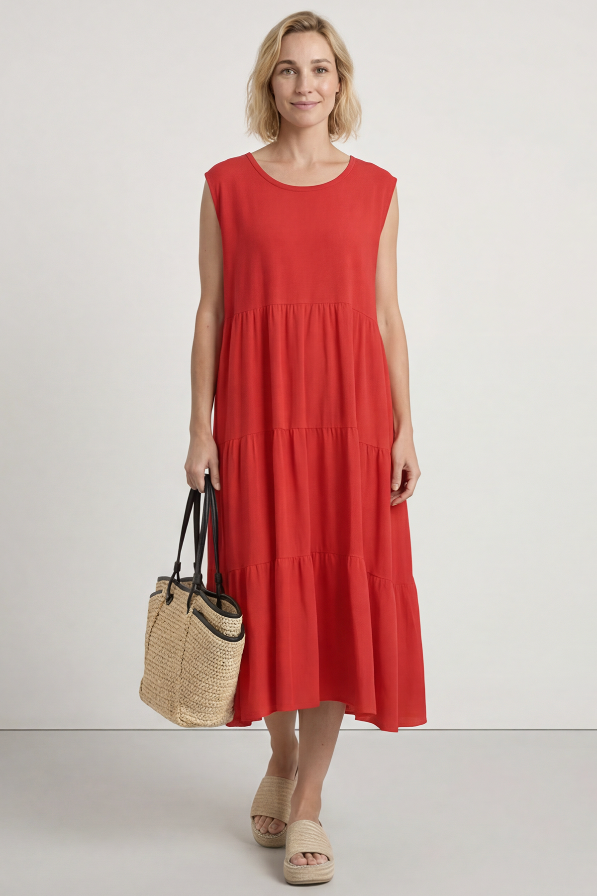 Demelza Sleeveless Tiered Cotton Dress Red