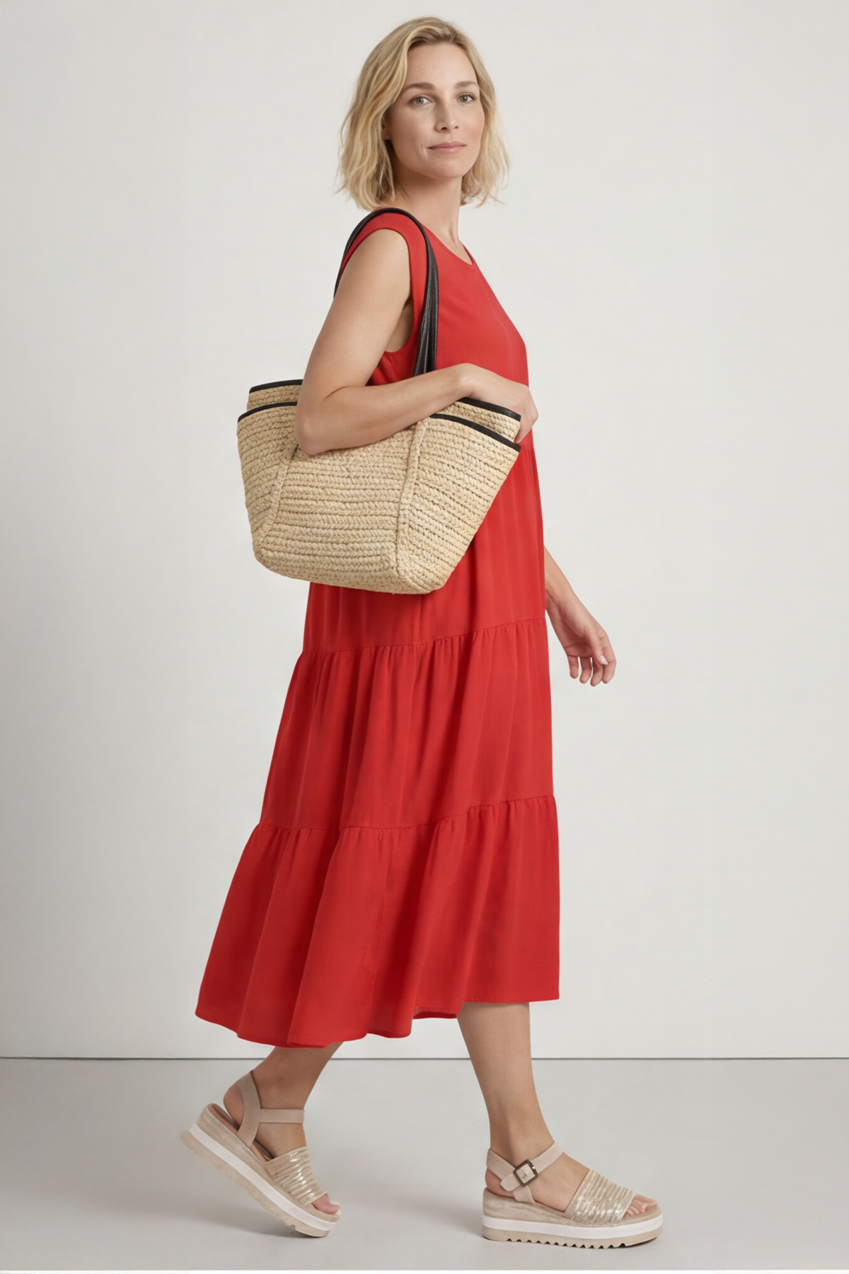 Demelza Sleeveless Tiered Cotton Dress Red