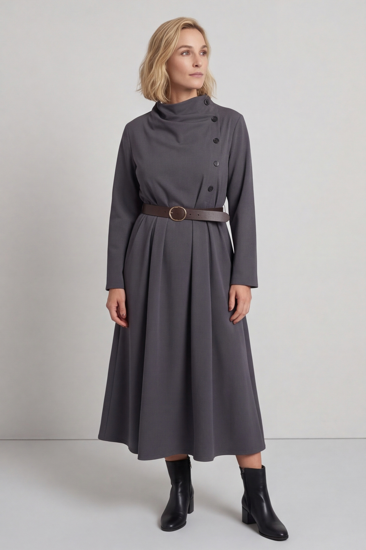 Eudora Belted Dress Mid Grey