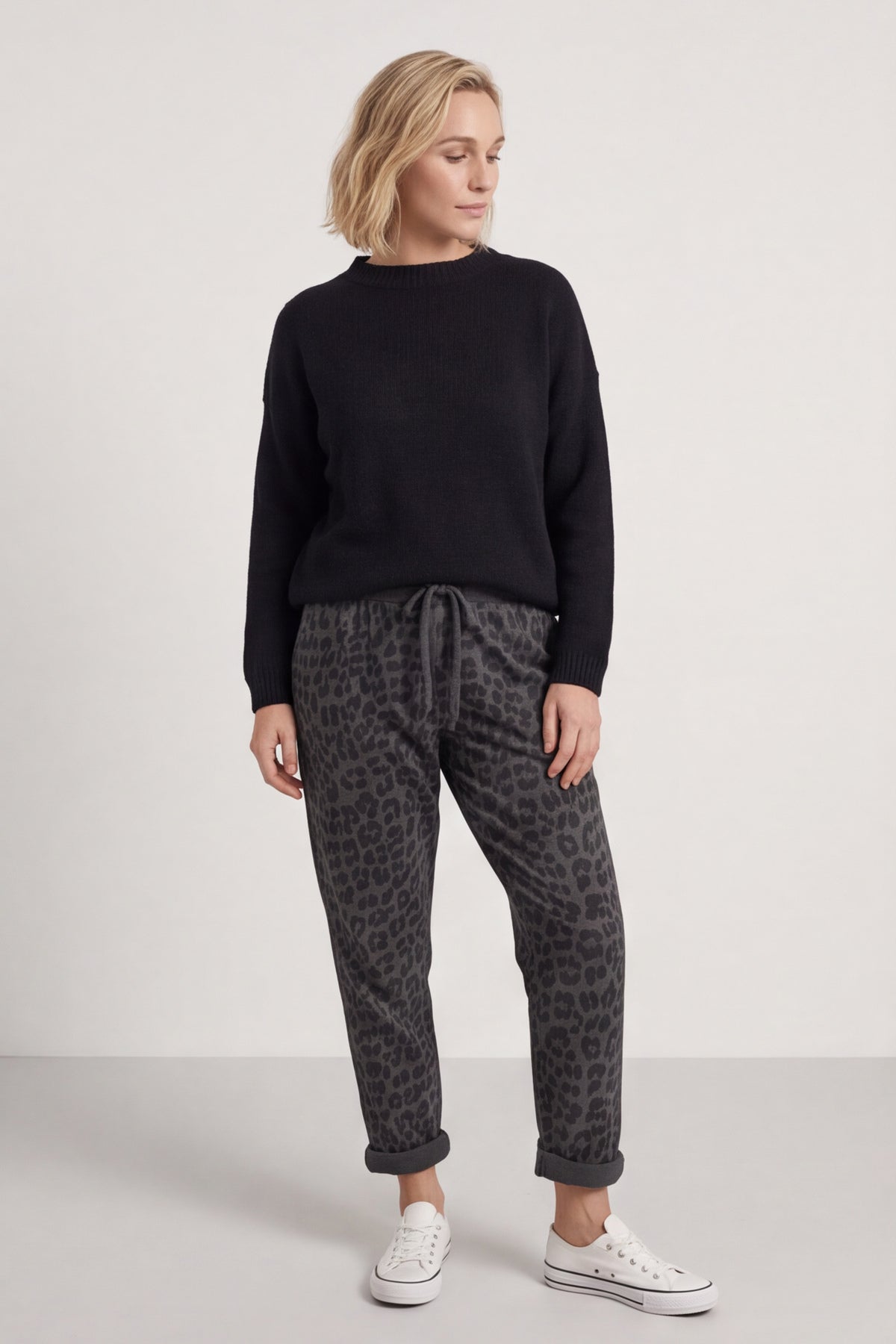 Effie Leopard Print Cotton Joggers Charcoal