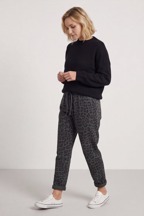 Effie Leopard Print Cotton Joggers Charcoal - Image 1