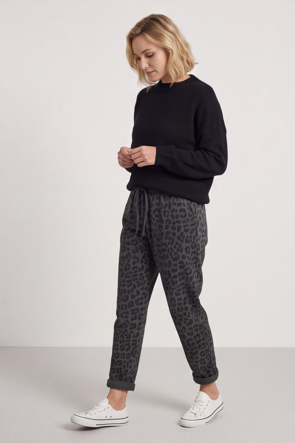 Effie Leopard Print Cotton Joggers Charcoal