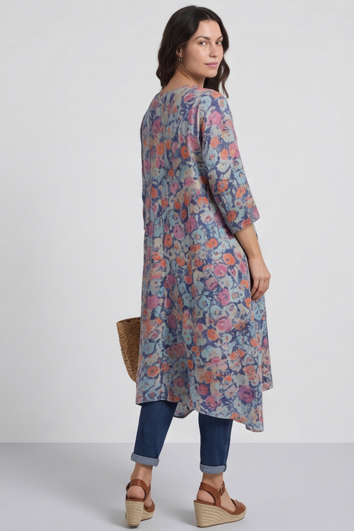Eleni Floral Print Linen Dress Camel