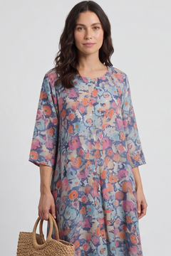 Eleni Floral Print Linen Dress Camel