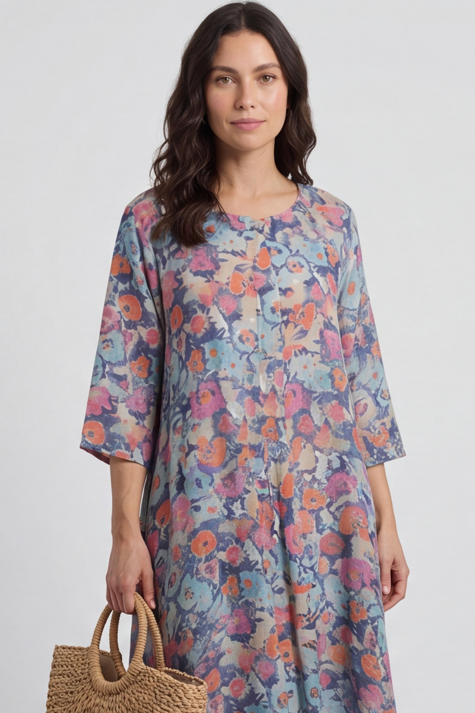Eleni Floral Print Linen Dress Camel