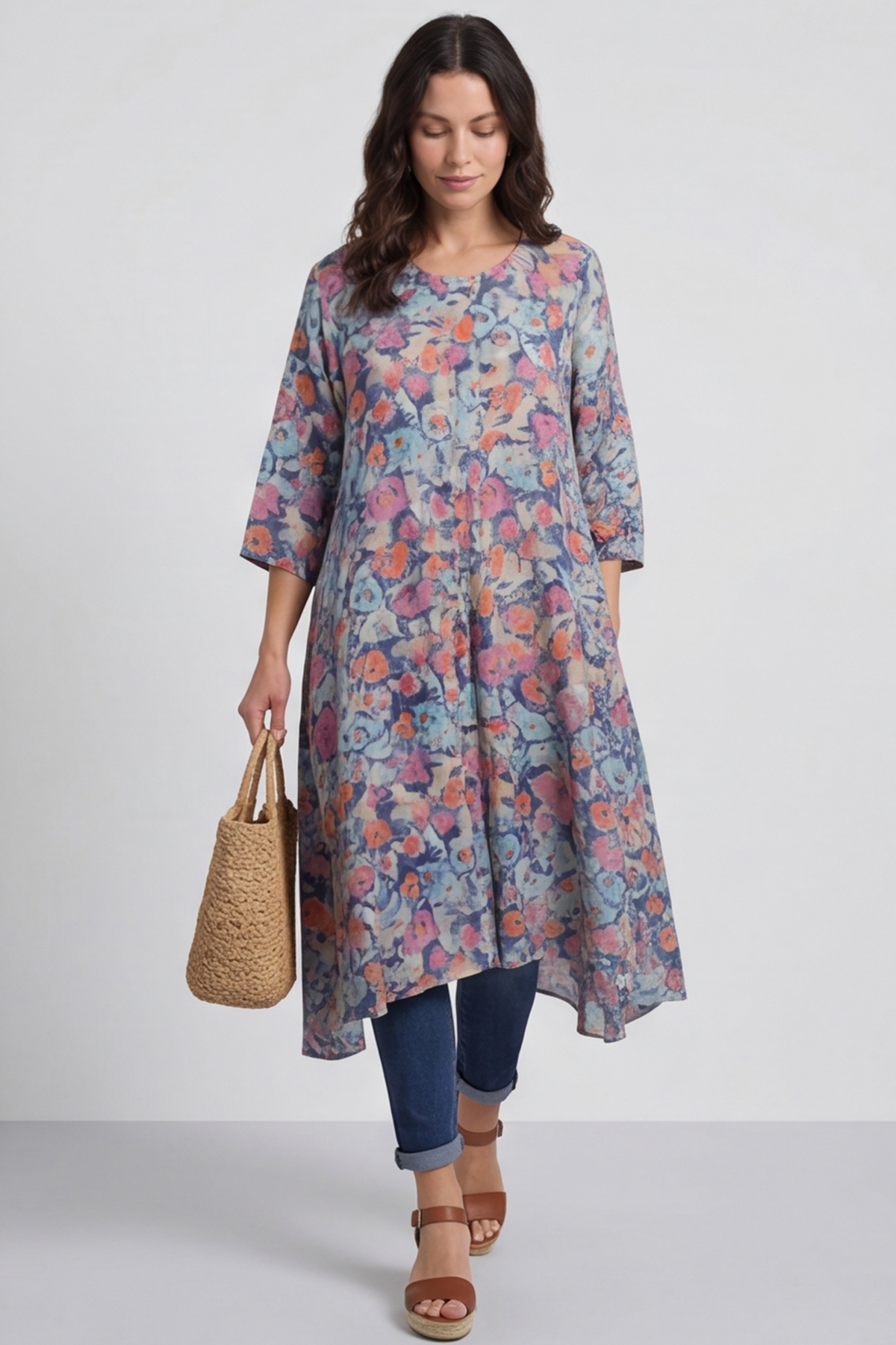 Eleni Floral Print Linen Dress Camel