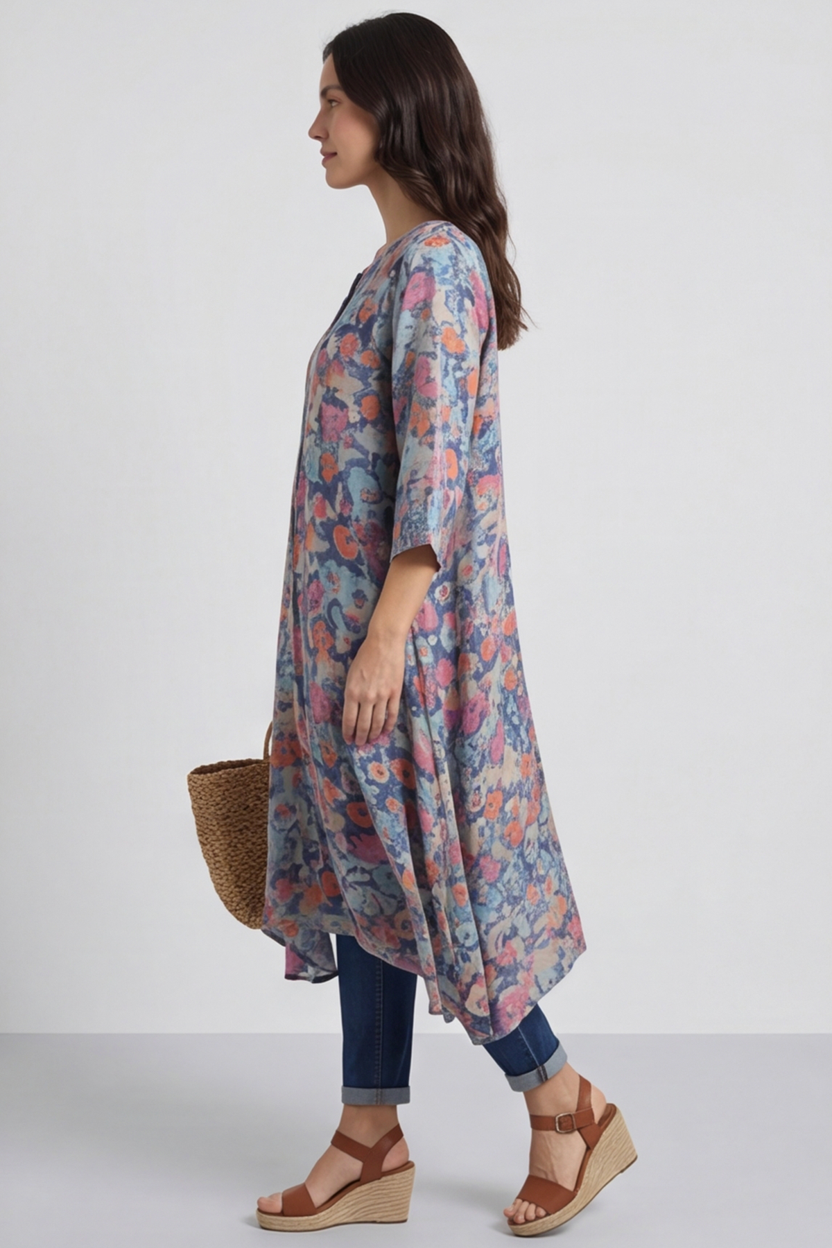 Eleni Floral Print Linen Dress Camel