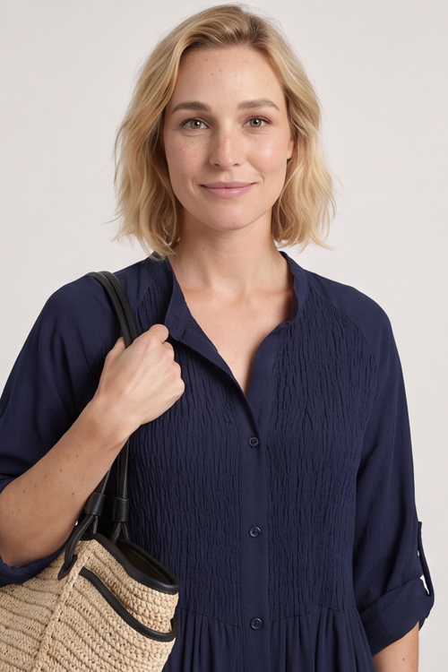 Emersyn Crinkle Shirt Dress Navy - Image 5