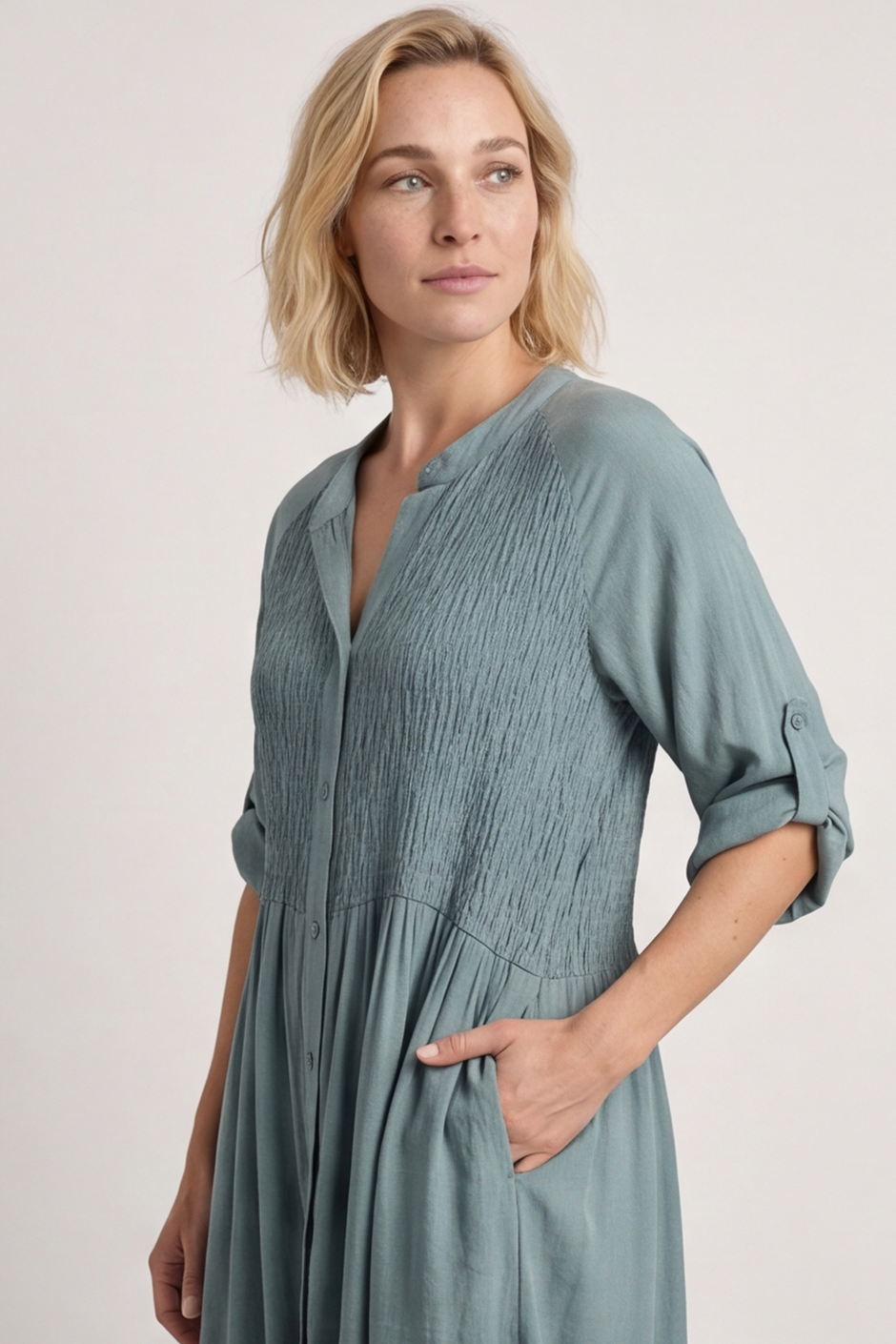 Emersyn Crinkle Shirt Dress Sage Green