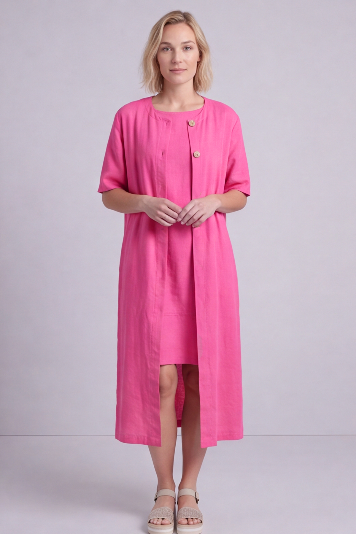 Pauline Linen 2 Piece Cardigan and Dress Set Fuchsia