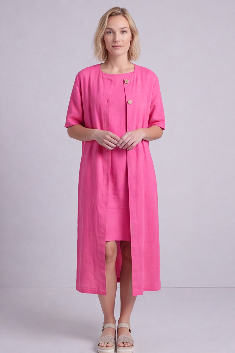 Pauline Linen 2 Piece Cardigan and Dress Set Fuchsia
