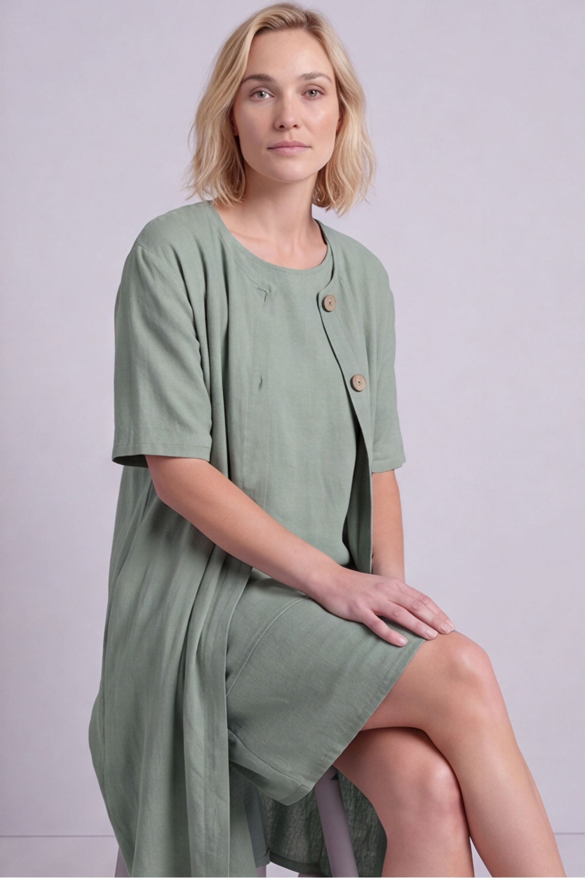 Pauline Linen 2 Piece Cardigan and Dress Set Green