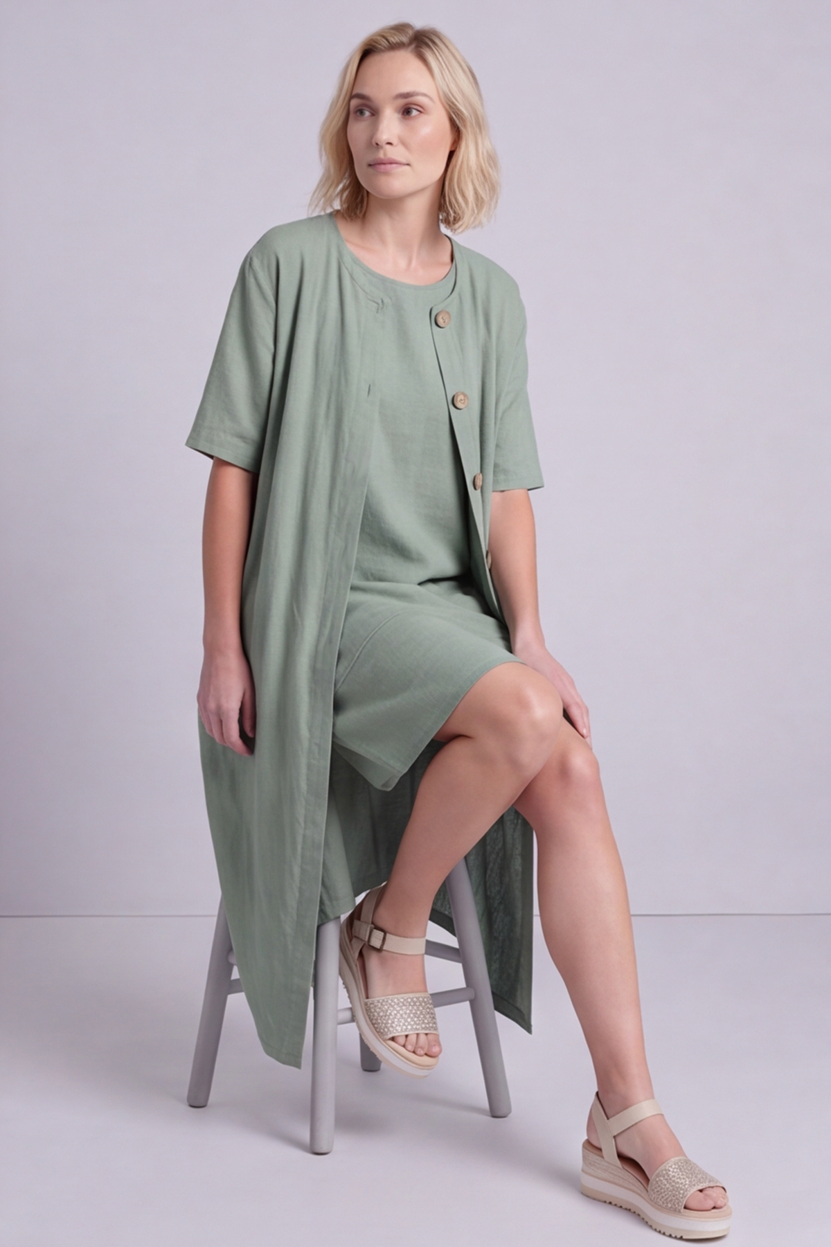 Pauline Linen 2 Piece Cardigan and Dress Set Green