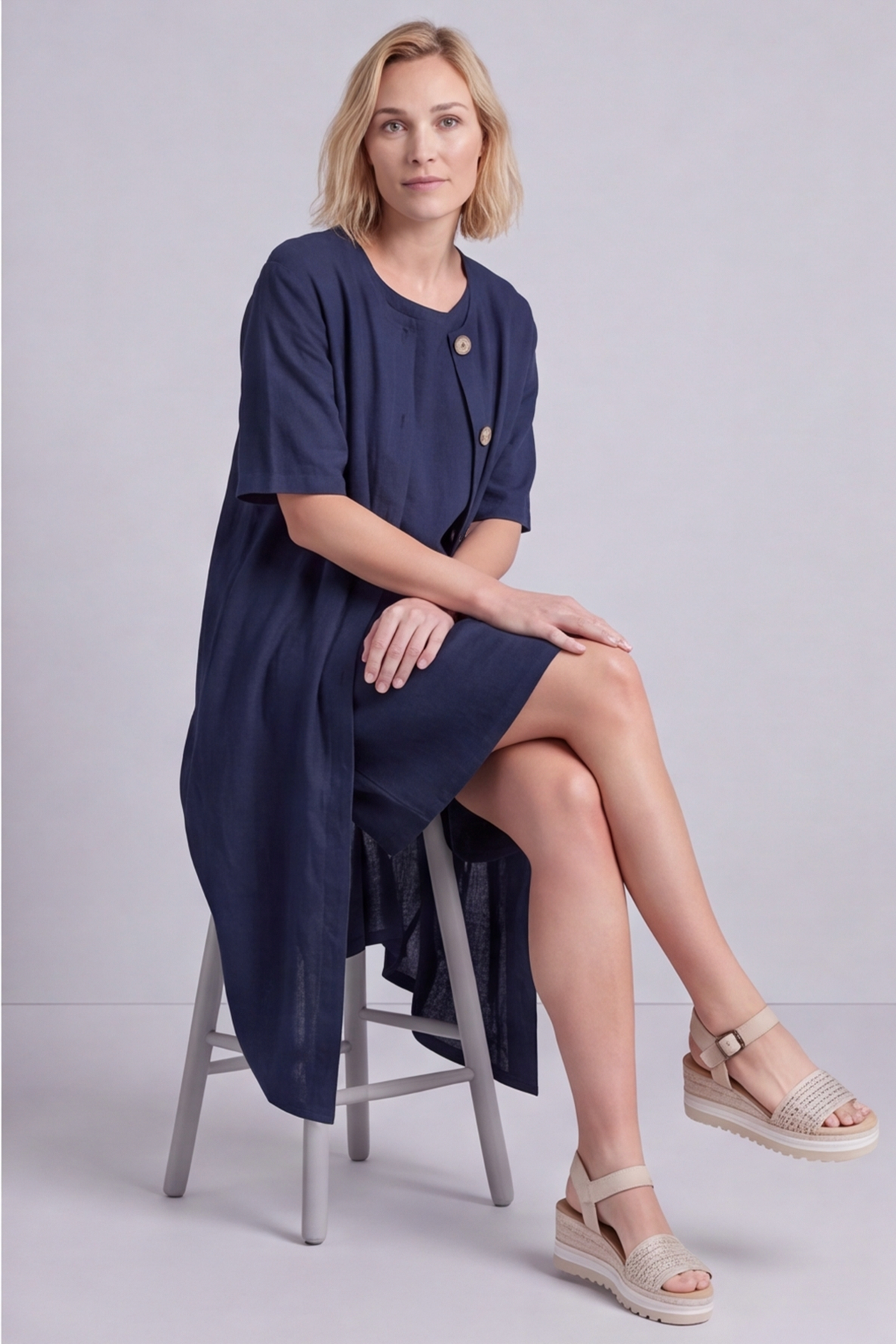 Pauline Linen 2 Piece Cardigan and Dress Set Navy