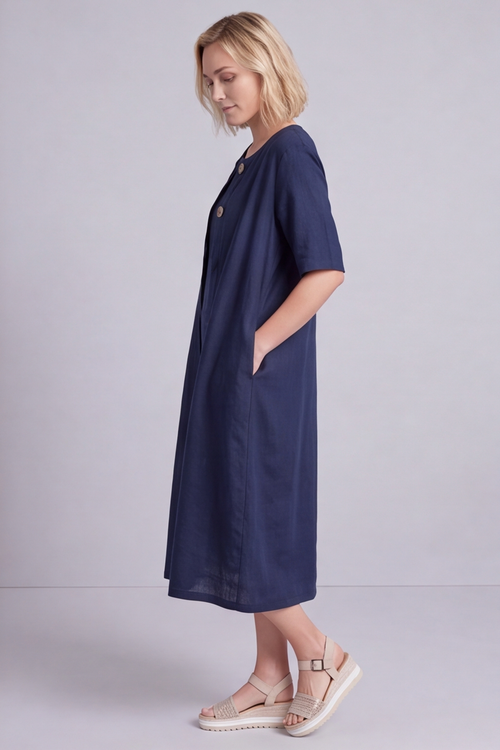 Pauline Linen 2 Piece Cardigan and Dress Set Navy - Image 10