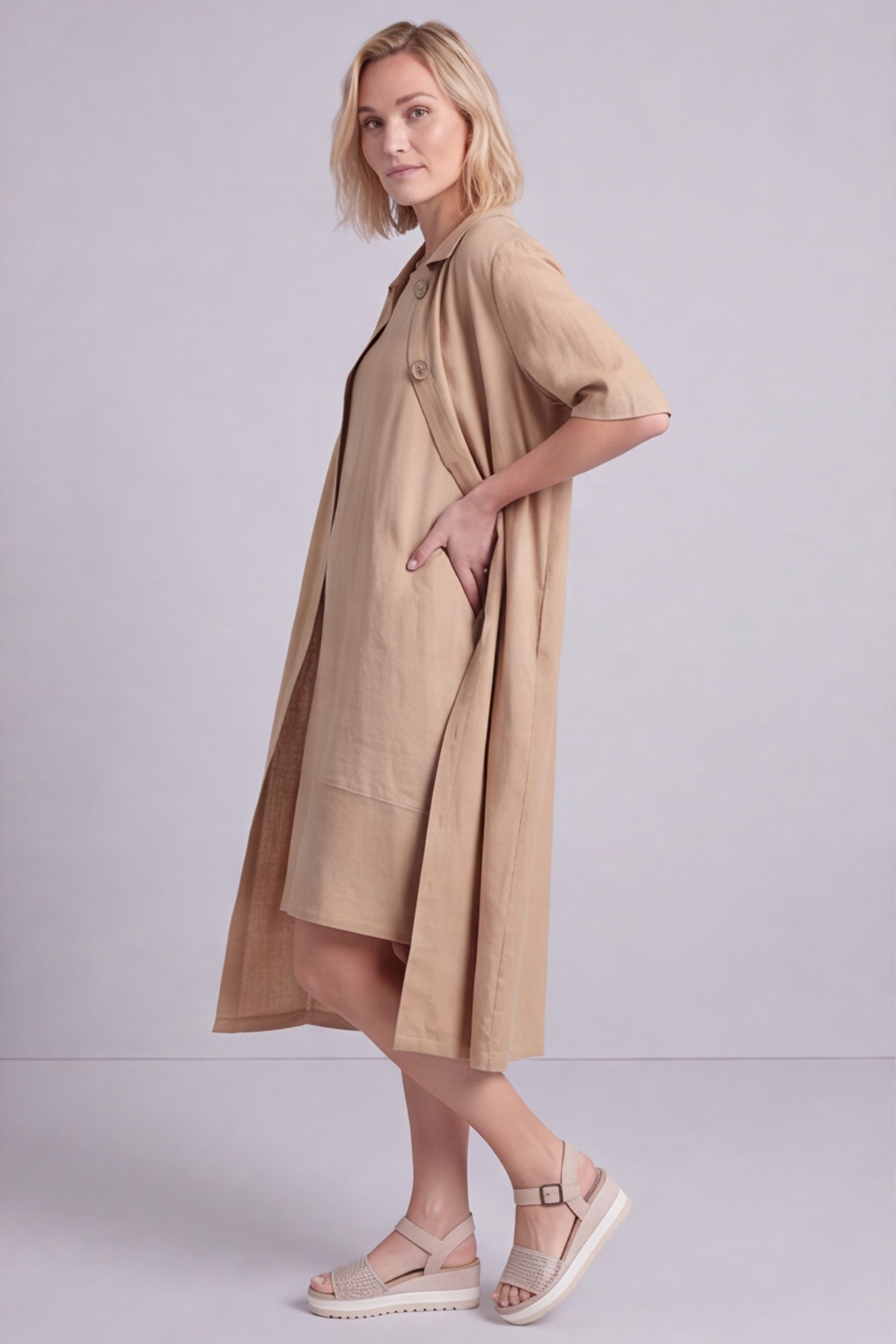 Pauline Linen 2 Piece Cardigan and Dress Set Camel