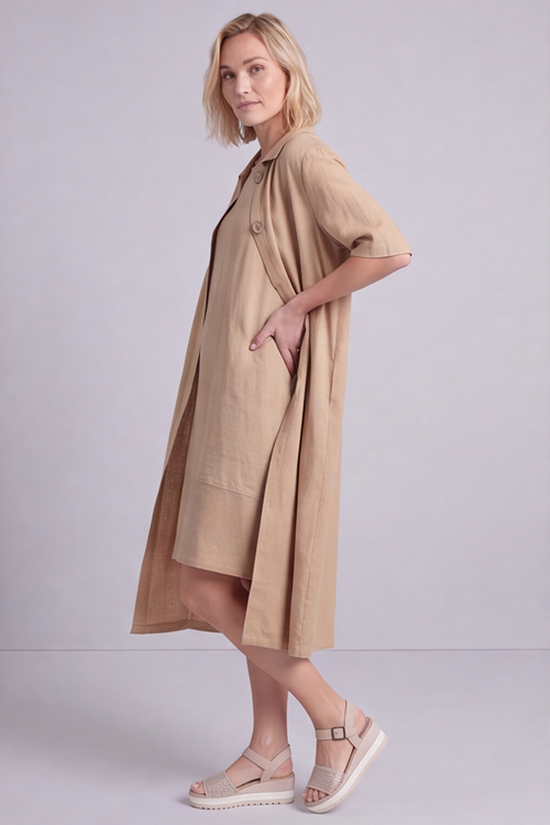 Pauline Linen 2 Piece Cardigan and Dress Set Camel