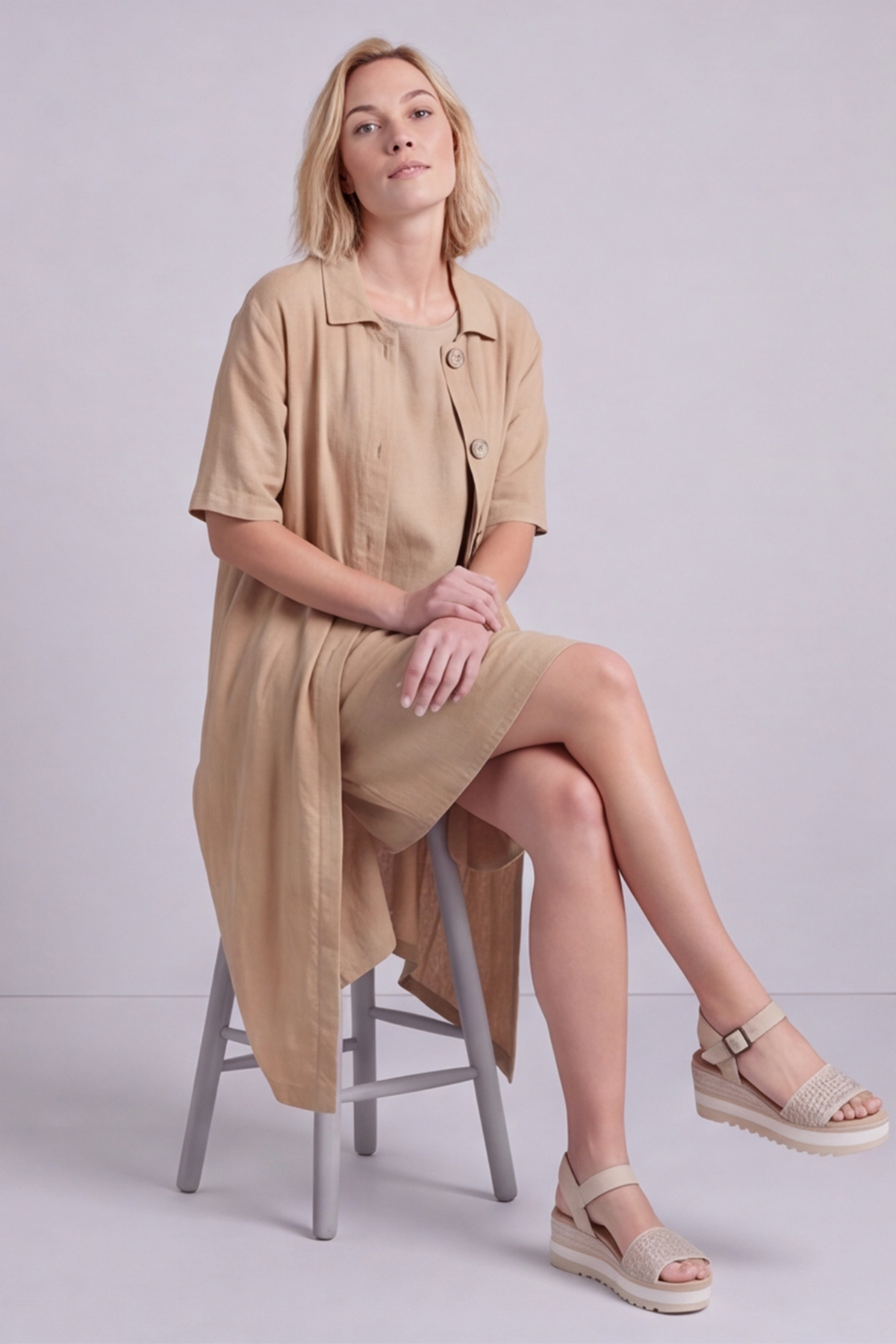Pauline Linen 2 Piece Cardigan and Dress Set Camel